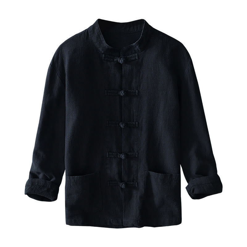 Nimara Ritual Frog-Button Chinese Tang Suit Cotton Linen Men Shirt With Pockets