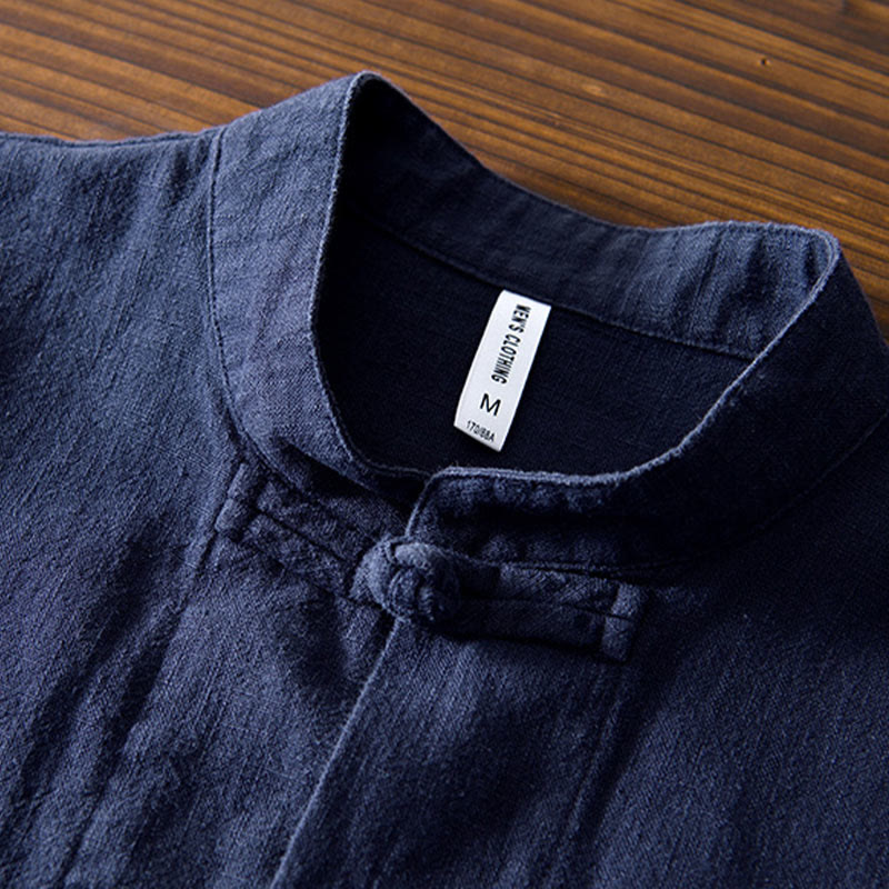 Nimara Ritual Frog-Button Chinese Tang Suit Cotton Linen Men Shirt With Pockets