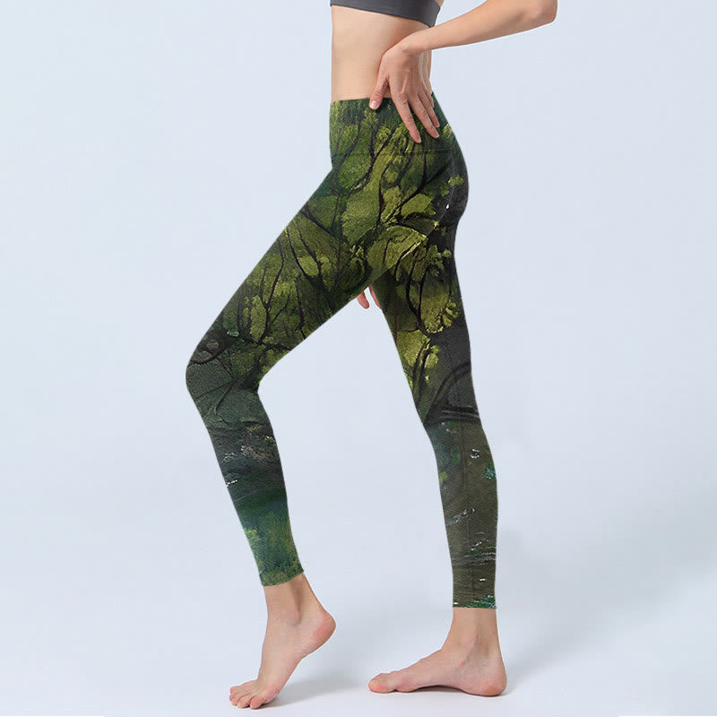 Nimara Ritual ForestGreen Leaves Black Lines Print Exercise Leggings Women's Yoga Pants
