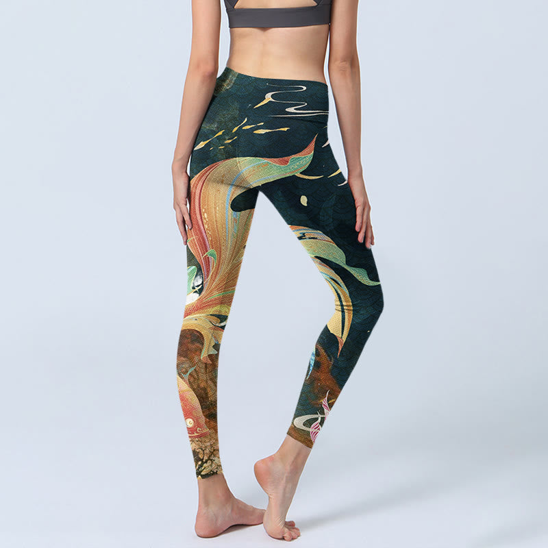 Nimara Ritual Dark Slate Gray Double Koi Fish Sky Lantern Tower Exercise Leggings Women's Yoga Pants