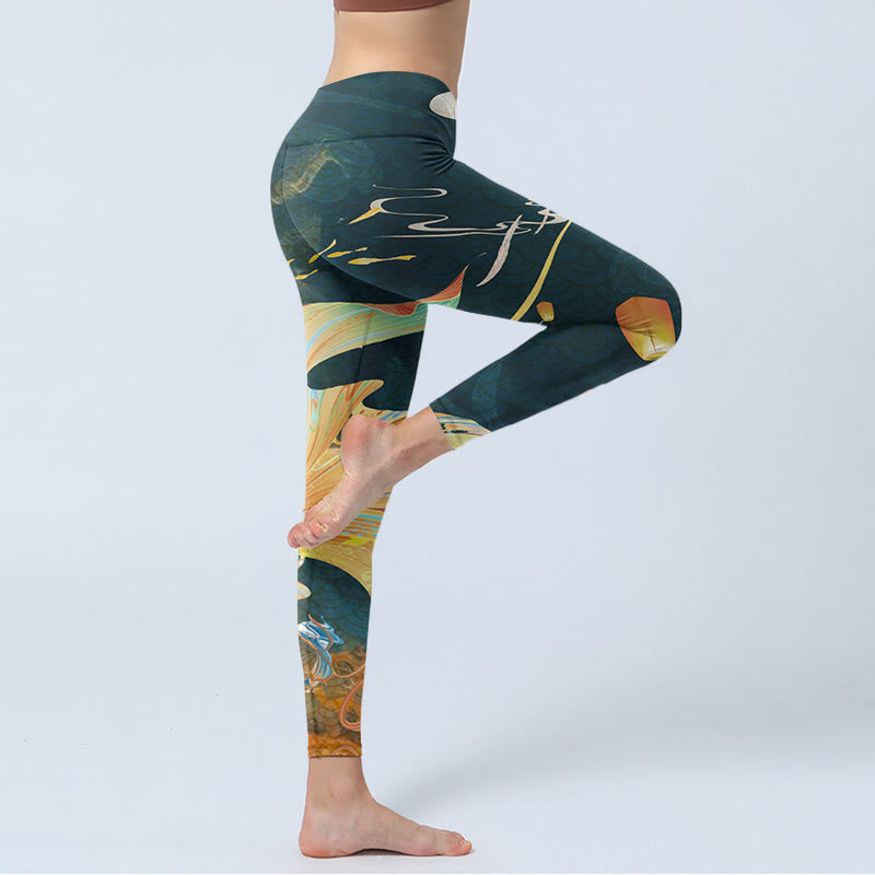Nimara Ritual Dark Slate Gray Double Koi Fish Sky Lantern Tower Exercise Leggings Women's Yoga Pants