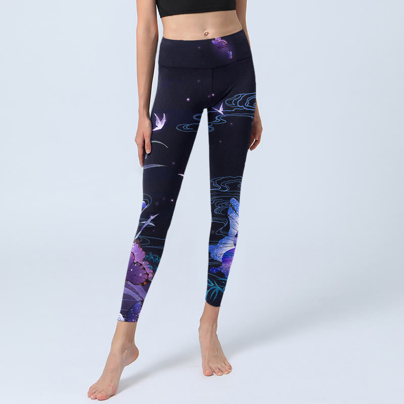 Nimara Ritual Midnight Blue Flower Purple Butterfly Exercise Leggings Women's Yoga Pants