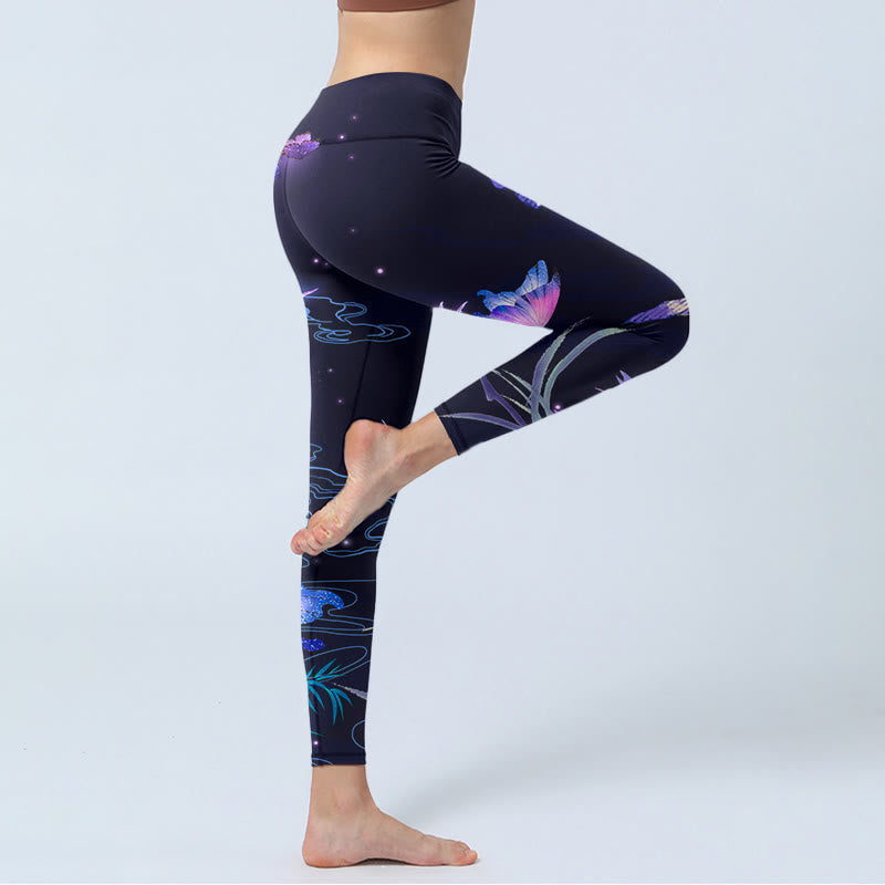 Nimara Ritual Midnight Blue Flower Purple Butterfly Exercise Leggings Women's Yoga Pants