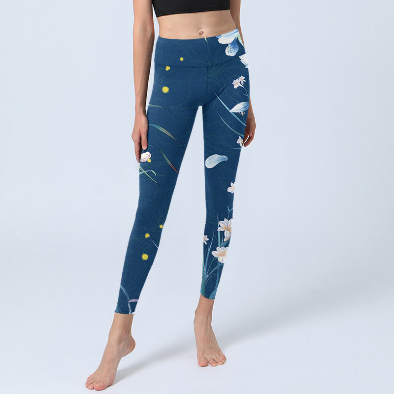 Nimara Ritual SteelBlue Small White Flowers Butterfly Exercise Leggings Women's Yoga Pants