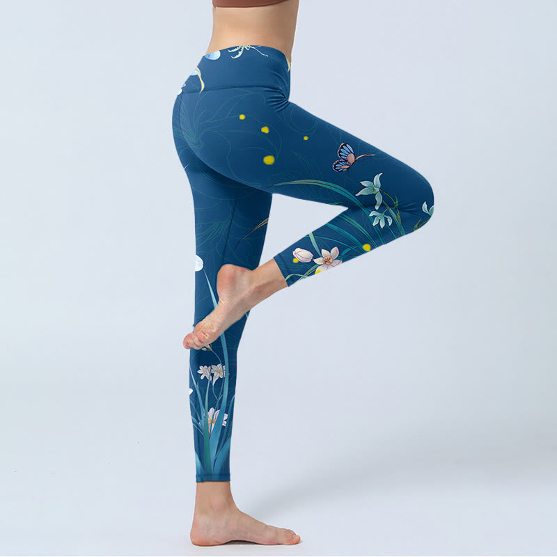 Nimara Ritual SteelBlue Small White Flowers Butterfly Exercise Leggings Women's Yoga Pants