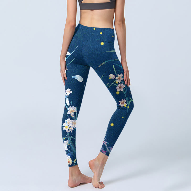 Nimara Ritual SteelBlue Small White Flowers Butterfly Exercise Leggings Women's Yoga Pants