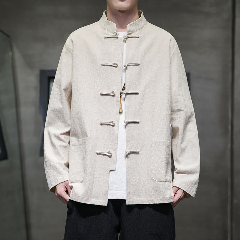 Nimara Ritual Simple Frog-Button Chinese Tang Suit Cotton Men Jacket Shirt With Pockets