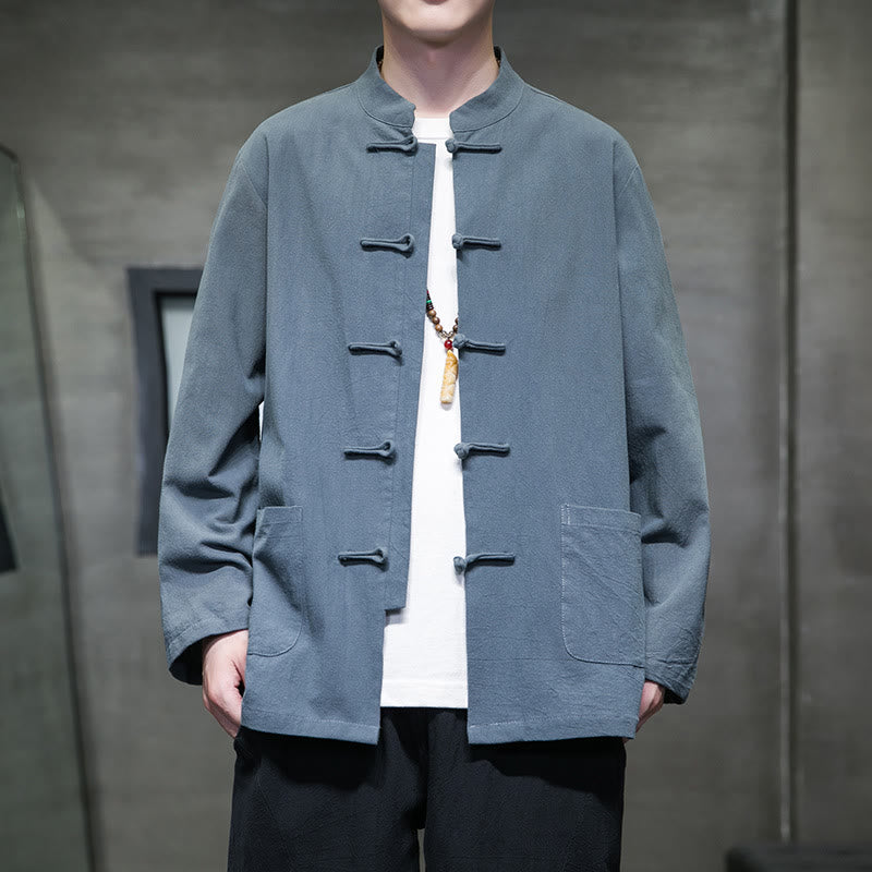 Nimara Ritual Simple Frog-Button Chinese Tang Suit Cotton Men Jacket Shirt With Pockets