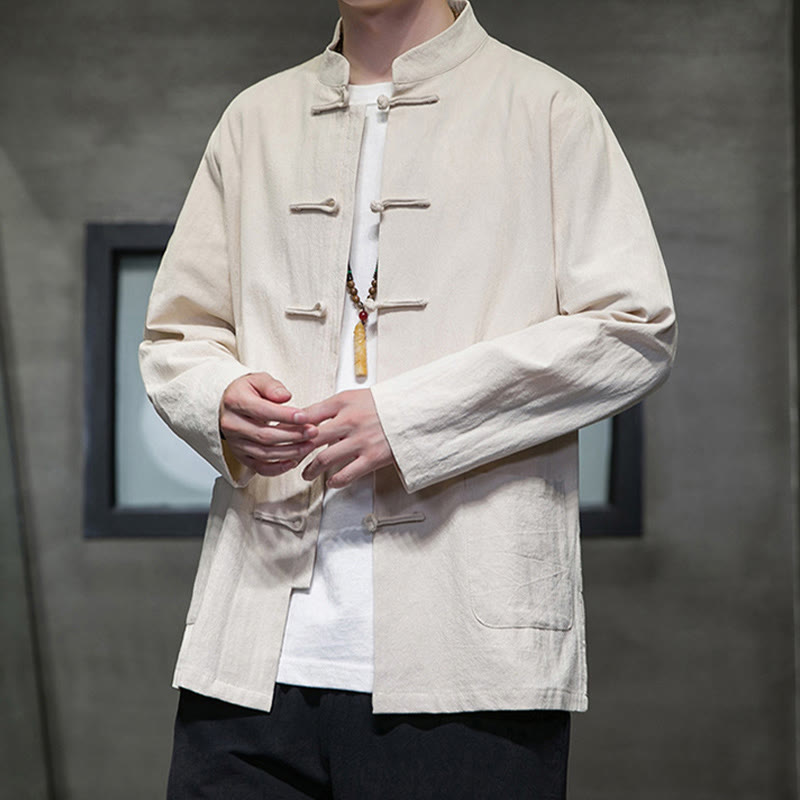 Nimara Ritual Simple Frog-Button Chinese Tang Suit Cotton Men Jacket Shirt With Pockets
