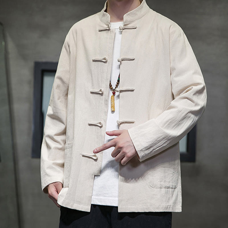 Nimara Ritual Simple Frog-Button Chinese Tang Suit Cotton Men Jacket Shirt With Pockets