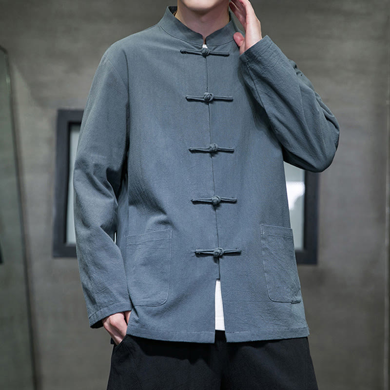 Nimara Ritual Simple Frog-Button Chinese Tang Suit Cotton Men Jacket Shirt With Pockets