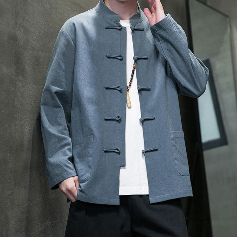 Nimara Ritual Simple Frog-Button Chinese Tang Suit Cotton Men Jacket Shirt With Pockets