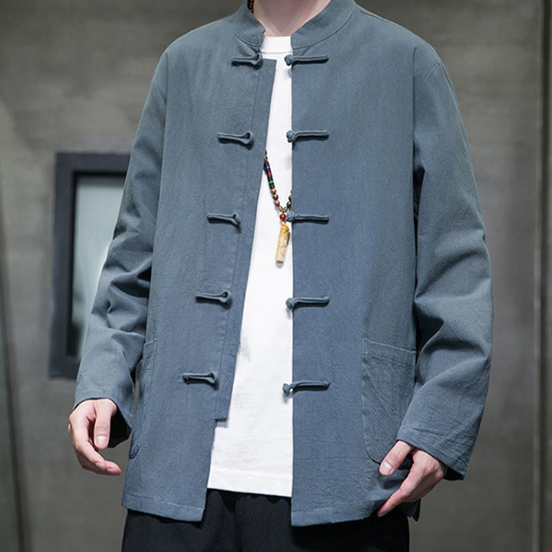 Nimara Ritual Simple Frog-Button Chinese Tang Suit Cotton Men Jacket Shirt With Pockets