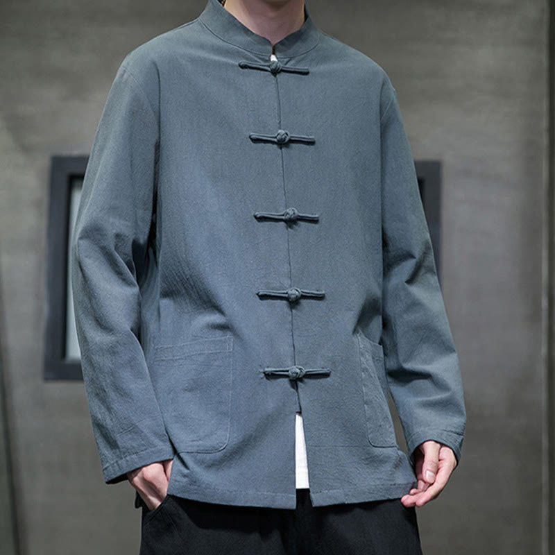 Nimara Ritual Simple Frog-Button Chinese Tang Suit Cotton Men Jacket Shirt With Pockets