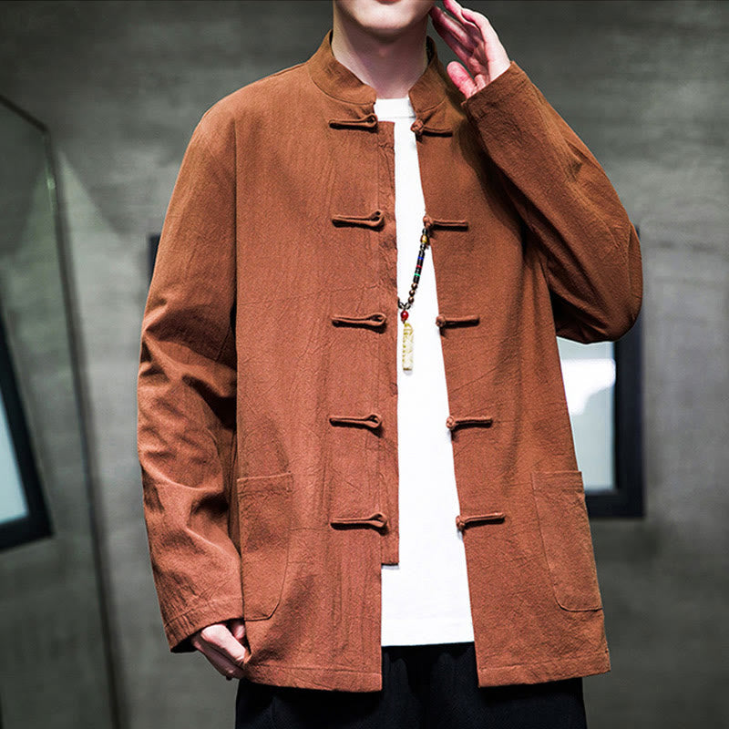 Nimara Ritual Simple Frog-Button Chinese Tang Suit Cotton Men Jacket Shirt With Pockets