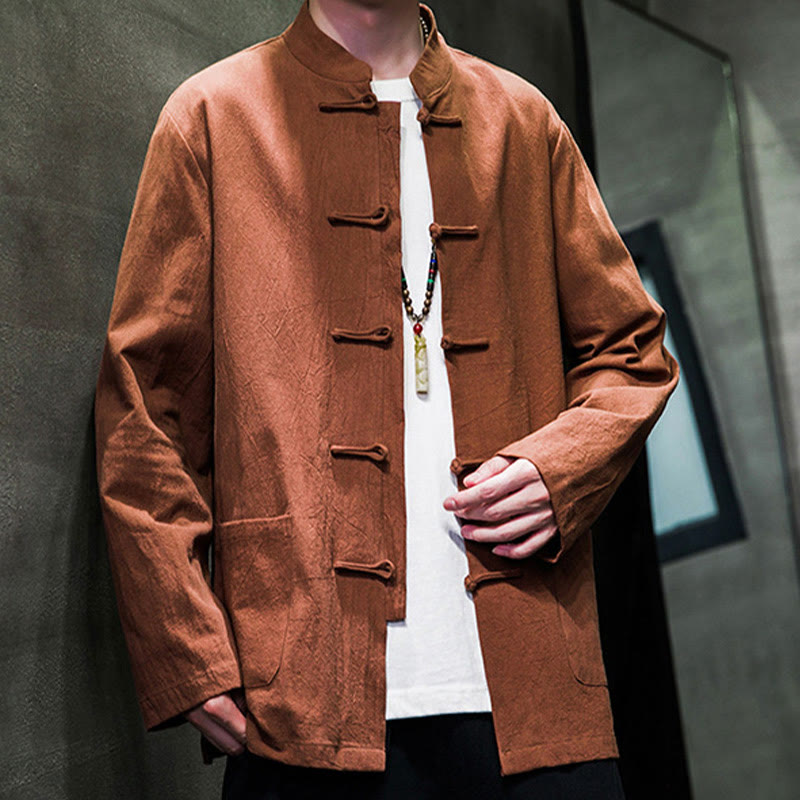 Nimara Ritual Simple Frog-Button Chinese Tang Suit Cotton Men Jacket Shirt With Pockets