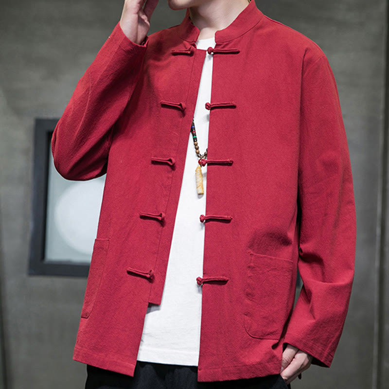Nimara Ritual Simple Frog-Button Chinese Tang Suit Cotton Men Jacket Shirt With Pockets