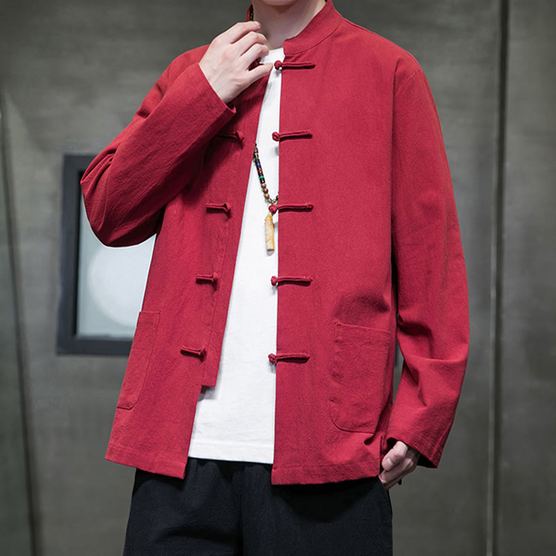 Nimara Ritual Simple Frog-Button Chinese Tang Suit Cotton Men Jacket Shirt With Pockets