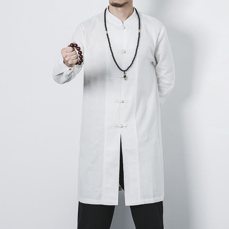Nimara Ritual Fall Simple Frog-Button Linen Men's Mid-length Coat Zen Clothing