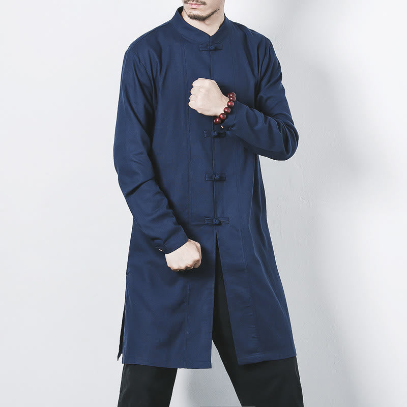 Nimara Ritual Fall Simple Frog-Button Linen Men's Mid-length Coat Zen Clothing