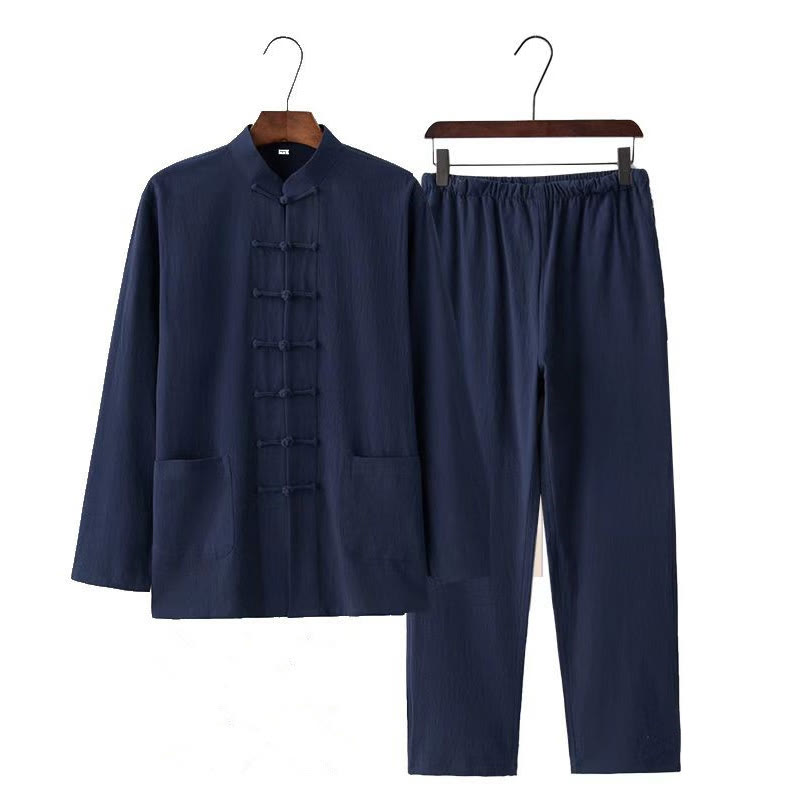 Nimara Ritual 2Pcs Tang Suit Traditional Frog-Button Uniform Long Sleeve Shirt Pants Men's Set