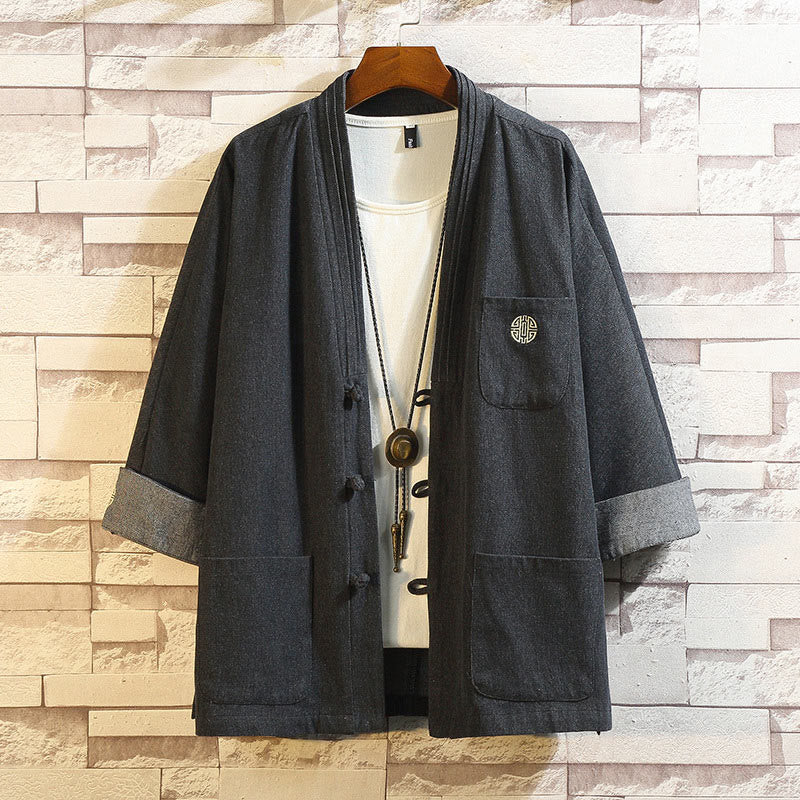 Nimara Ritual Men's Frog-Button Tang Suit Three Quarter Sleeve Kimono With Pockets