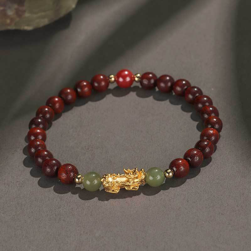 Nimara Ritual 999 Sterling Silver Sandalwood Ebony Wood Small Leaf Red Sandalwood Hetian Jade Cinnabar PiXiu Wealth Bracelet
