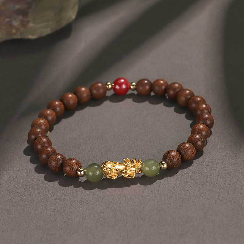Nimara Ritual 999 Sterling Silver Sandalwood Ebony Wood Small Leaf Red Sandalwood Hetian Jade Cinnabar PiXiu Wealth Bracelet