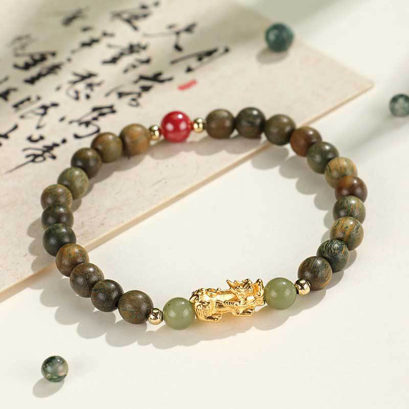 Nimara Ritual 999 Sterling Silver Sandalwood Ebony Wood Small Leaf Red Sandalwood Hetian Jade Cinnabar PiXiu Wealth Bracelet