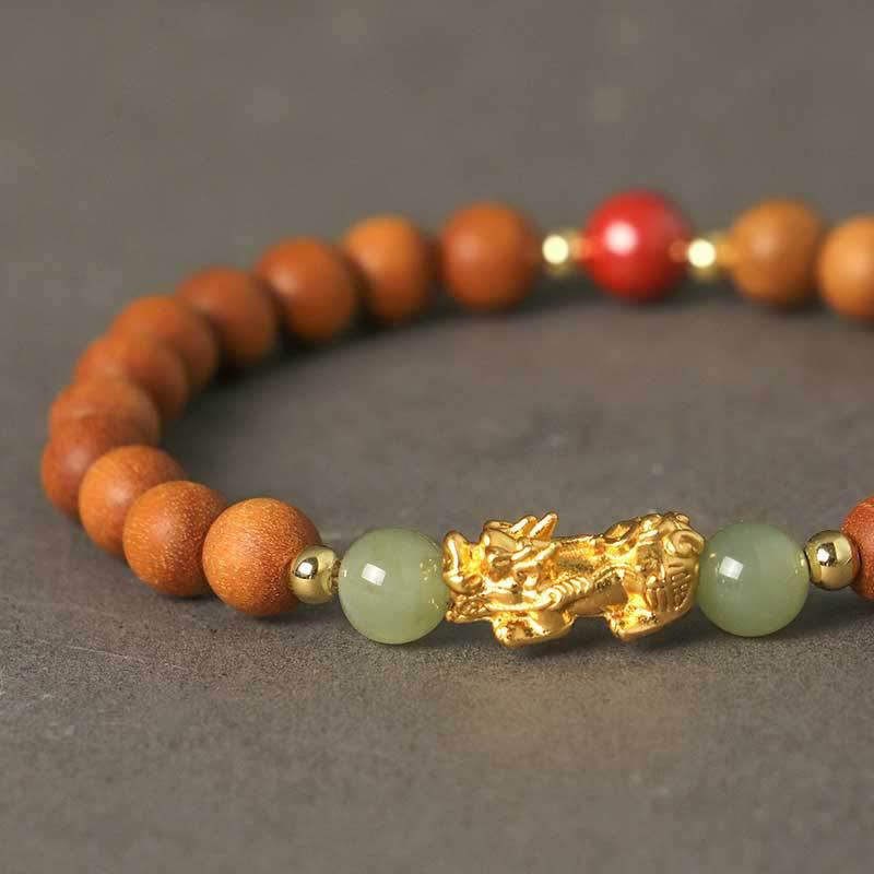 Nimara Ritual 999 Sterling Silver Sandalwood Ebony Wood Small Leaf Red Sandalwood Hetian Jade Cinnabar PiXiu Wealth Bracelet