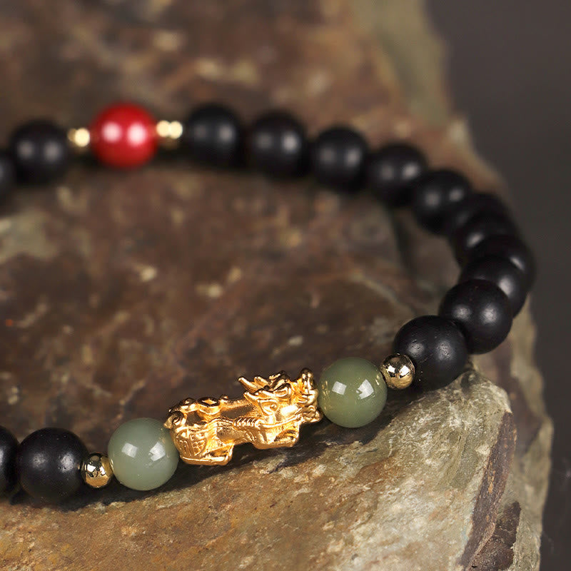 Nimara Ritual 999 Sterling Silver Sandalwood Ebony Wood Small Leaf Red Sandalwood Hetian Jade Cinnabar PiXiu Wealth Bracelet