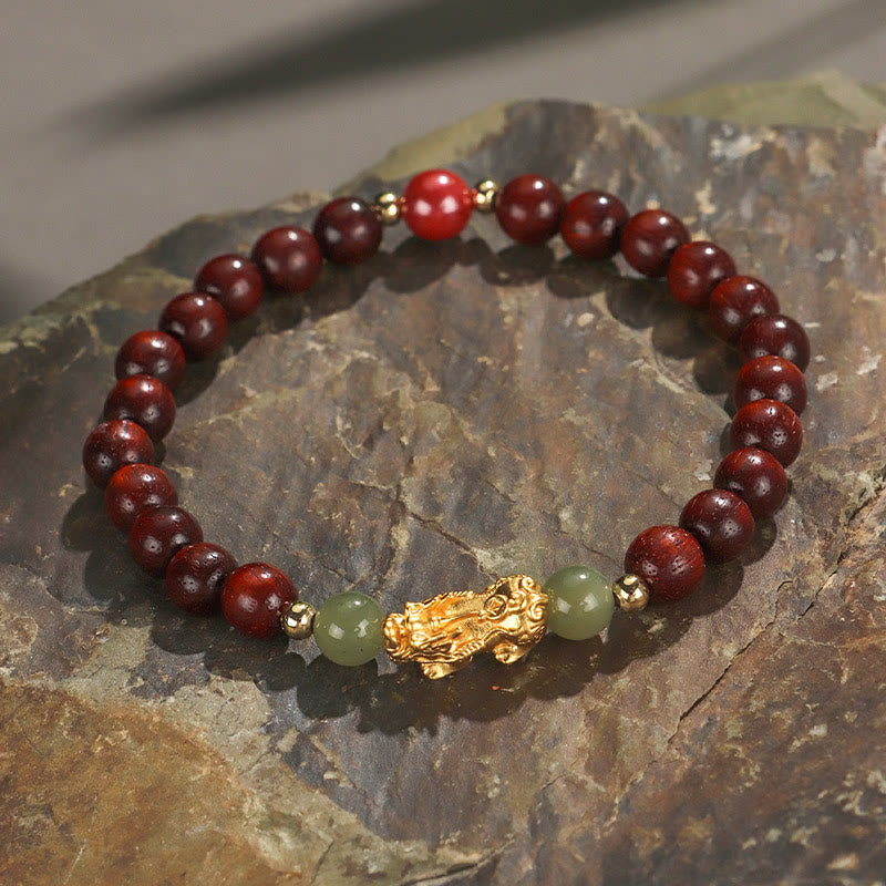 Nimara Ritual 999 Sterling Silver Sandalwood Ebony Wood Small Leaf Red Sandalwood Hetian Jade Cinnabar PiXiu Wealth Bracelet