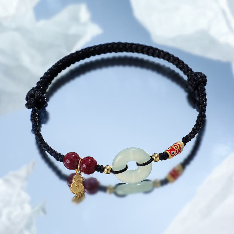 Nimara Ritual Red String Black String Hetian Jade Peace Buckle Cinnabar 925 Silver Protection Bracelet