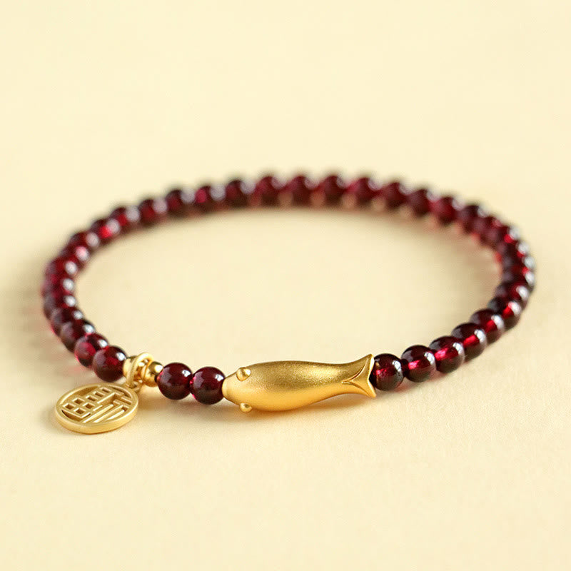 Nimara Ritual Garnet 925 Sterling Silver Fish Fu Character Purification Bracelet