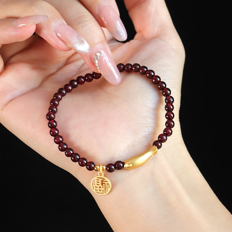 Nimara Ritual Garnet 925 Sterling Silver Fish Fu Character Purification Bracelet