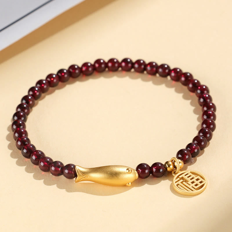 Nimara Ritual Garnet 925 Sterling Silver Fish Fu Character Purification Bracelet