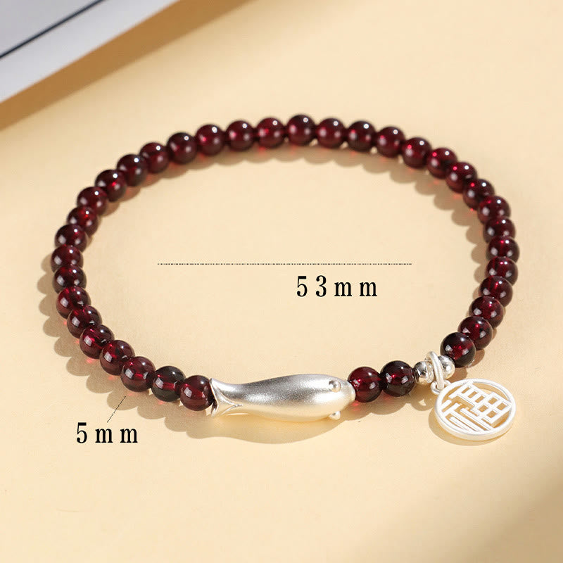 Nimara Ritual Garnet 925 Sterling Silver Fish Fu Character Purification Bracelet