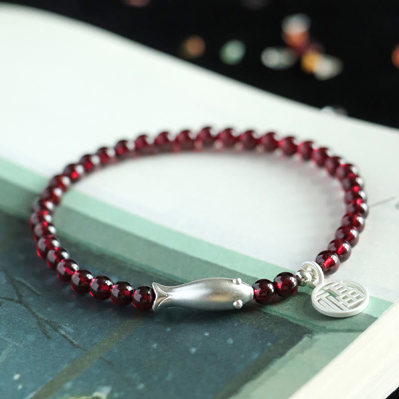 Nimara Ritual Garnet 925 Sterling Silver Fish Fu Character Purification Bracelet