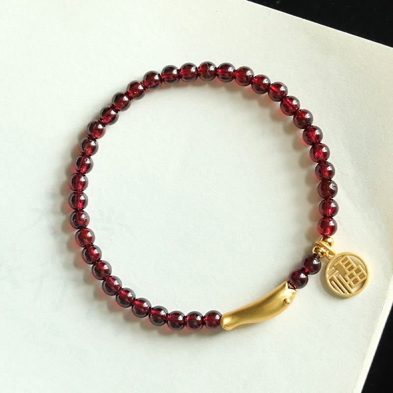 Nimara Ritual Garnet 925 Sterling Silver Fish Fu Character Purification Bracelet