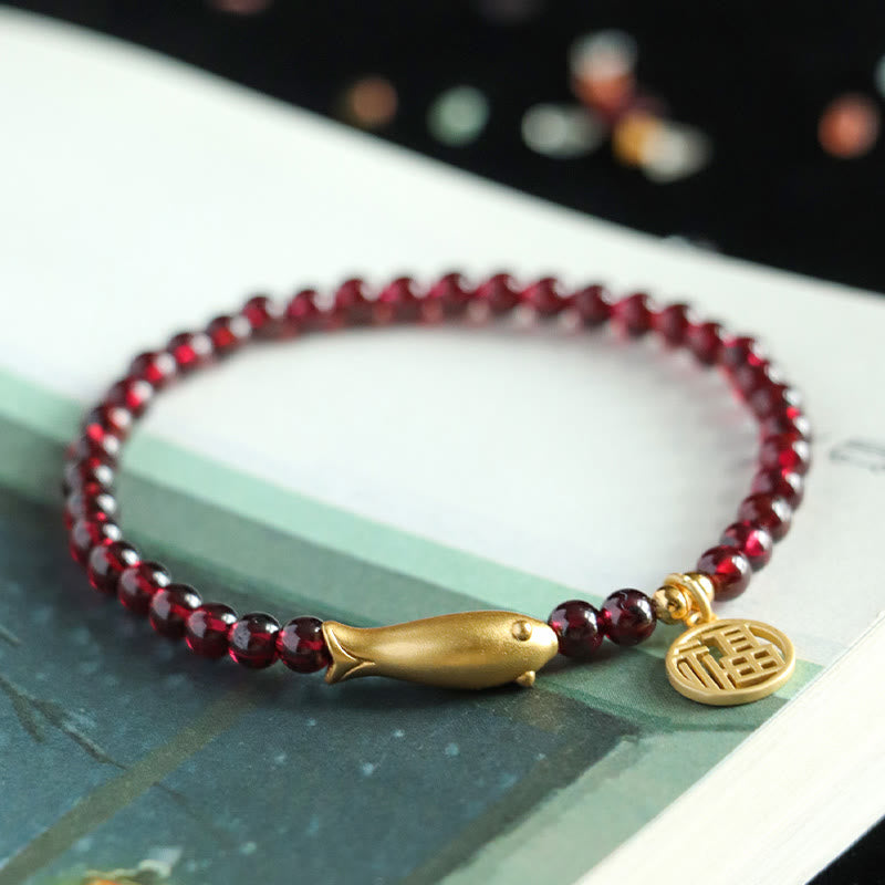 Nimara Ritual Garnet 925 Sterling Silver Fish Fu Character Purification Bracelet