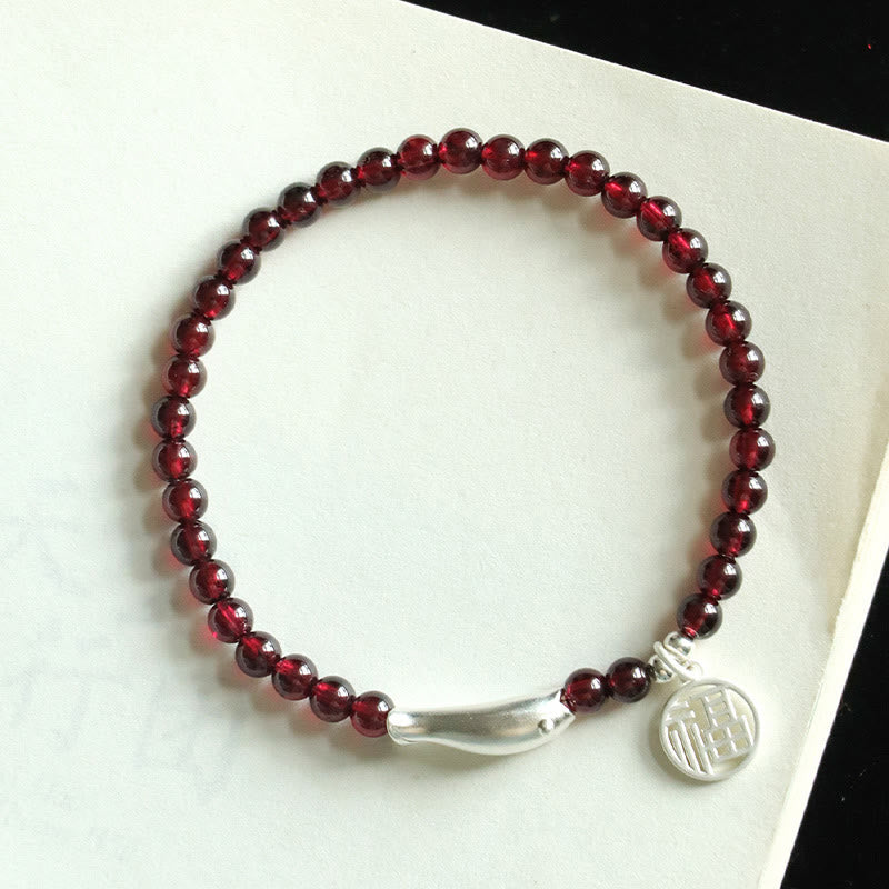 Nimara Ritual Garnet 925 Sterling Silver Fish Fu Character Purification Bracelet