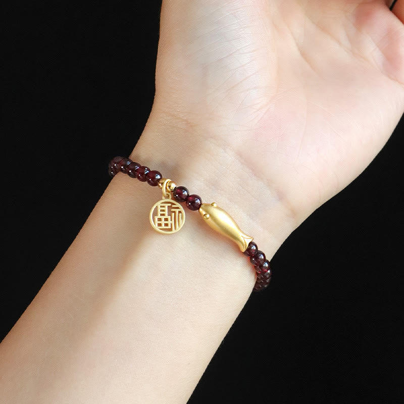 Nimara Ritual Garnet 925 Sterling Silver Fish Fu Character Purification Bracelet