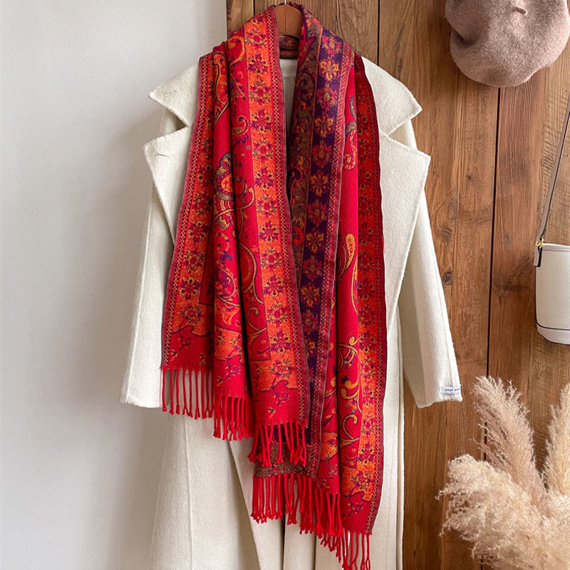 Nimara Ritual Tibetan Cashew Flower Tassel Shawl Fall Winter Cozy Travel Scarf Wrap
