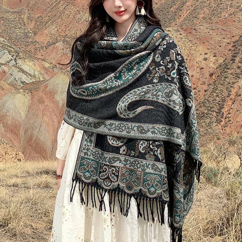 Nimara Ritual Tibetan Cashew Flower Tassel Shawl Fall Winter Cozy Travel Scarf Wrap