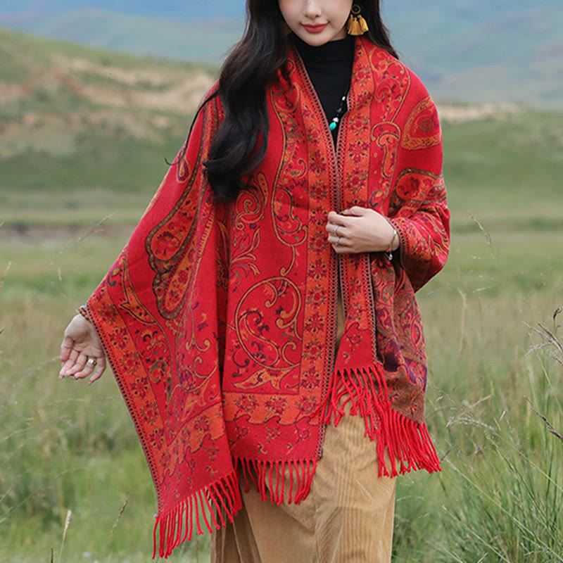 Nimara Ritual Tibetan Cashew Flower Tassel Shawl Fall Winter Cozy Travel Scarf Wrap