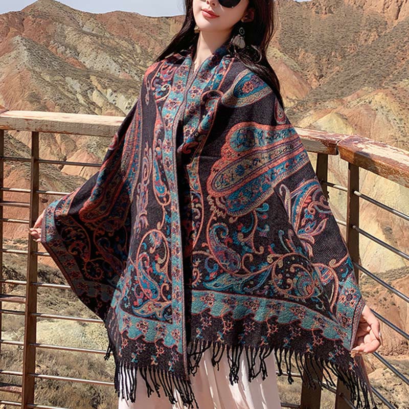 Nimara Ritual Tibetan Cashew Flower Tassel Shawl Fall Winter Cozy Travel Scarf Wrap