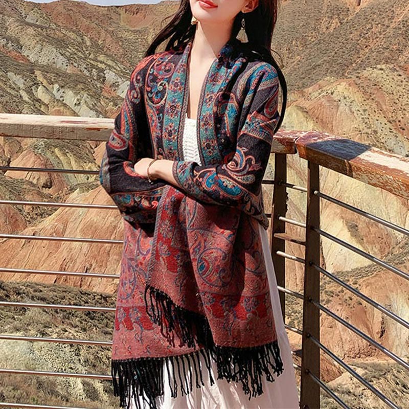 Nimara Ritual Tibetan Cashew Flower Tassel Shawl Fall Winter Cozy Travel Scarf Wrap