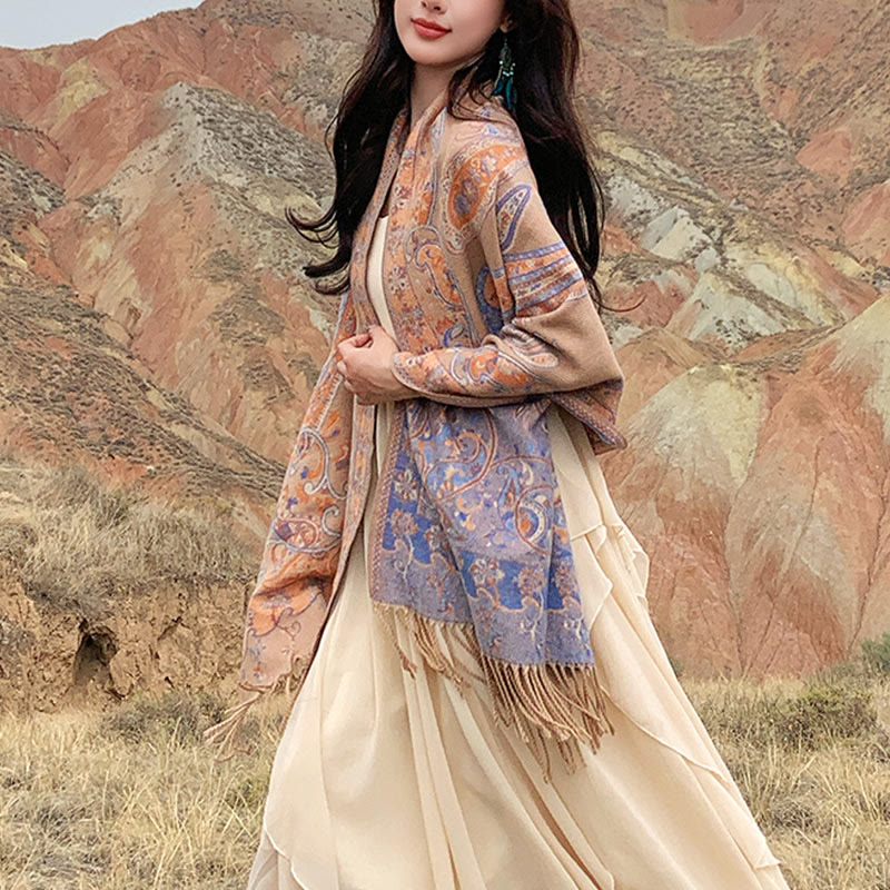Nimara Ritual Tibetan Cashew Flower Tassel Shawl Fall Winter Cozy Travel Scarf Wrap