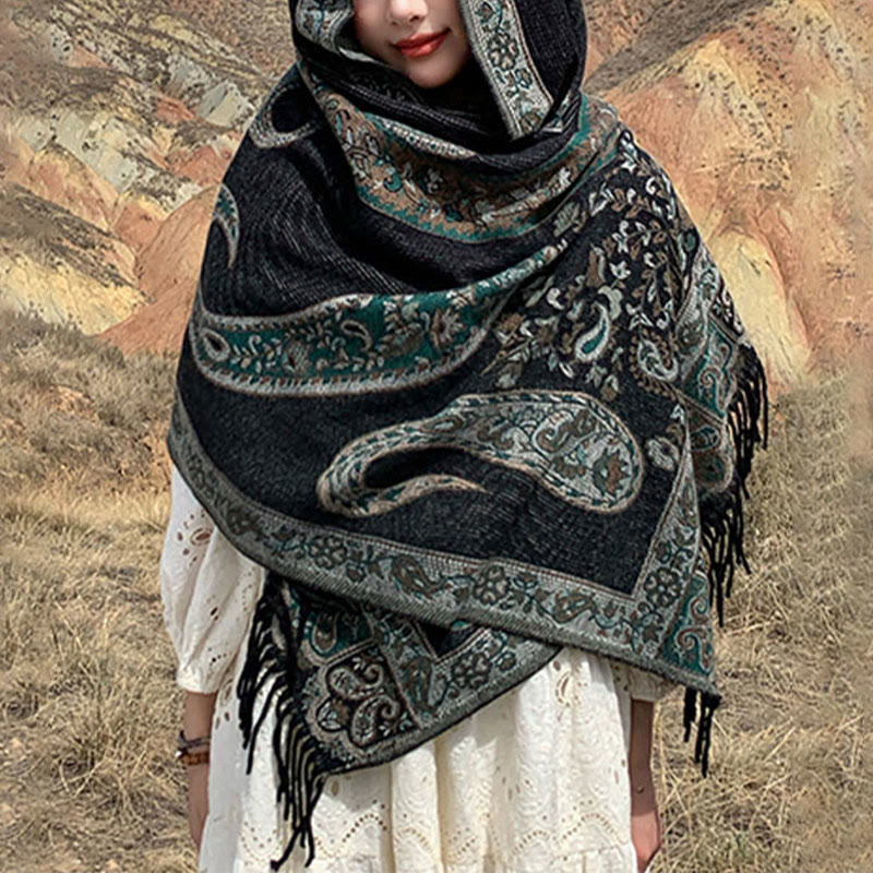 Nimara Ritual Tibetan Cashew Flower Tassel Shawl Fall Winter Cozy Travel Scarf Wrap