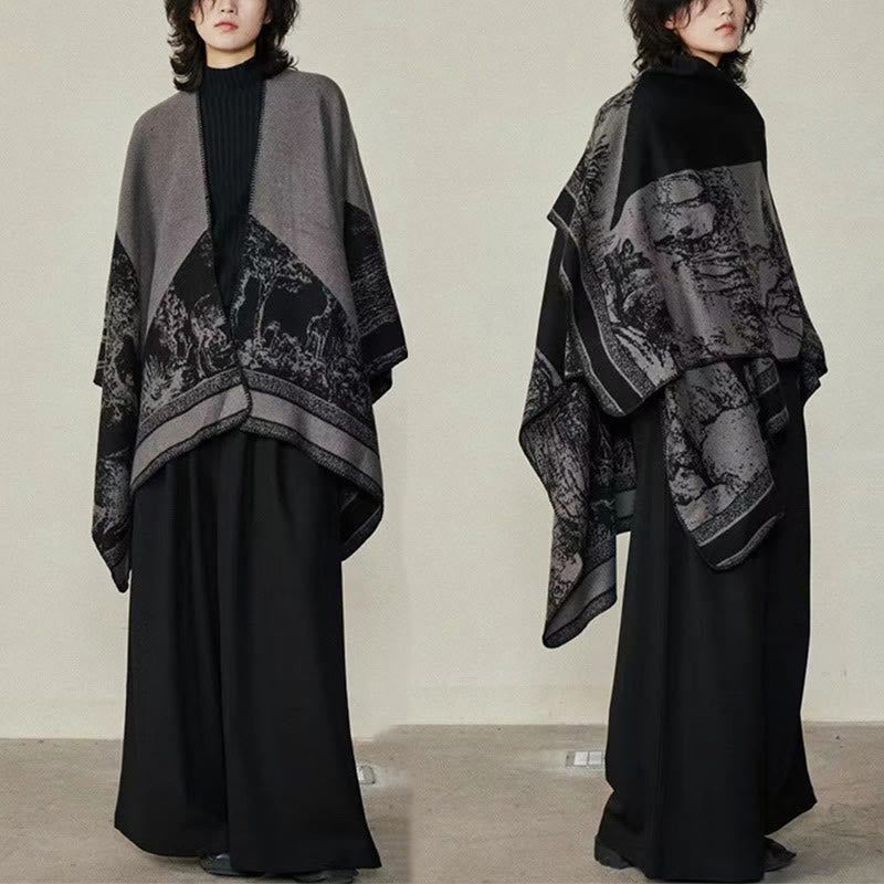 Nimara Ritual Black Gray Sika Deer Animal Forest Double-sided Shawl Fall Winter Warm Scarf Wrap